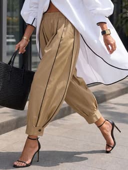 Yeezzi Women's Elastic High Waist Harem Pants Contrast Black Piping Pockets Button Cuff Loose Casual Tapered Cropped Trouser