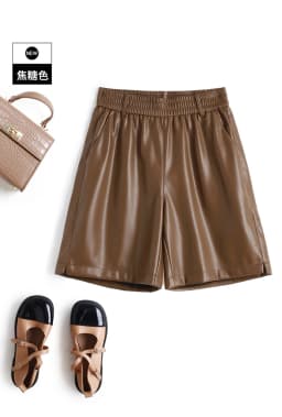 Fashionable Stylish 100% Leather Five-Point Pants For Women Femme Elastic Waist Wide Leg Shorts With Pocket