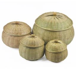 Round Rattan Boxes with Lid Hand-Woven Multi-Purpose Wicker Tray Picnic Food Bread Table Storage Basket