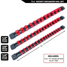ABS Socket Organizer 1/2 inch 3/8 inch and 1/4 Clip Drive Socket Rail Holders Heavy Duty Socket Racks with Red Blue Black Clips