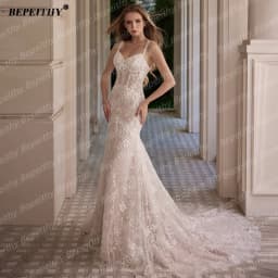 BEPEITHY Customized Luxury Beading Mermaid Wedding Dresses 2025 V Neck Sleeveless Lace Trumpet Ivory Bride Champagne Bridal Gwon