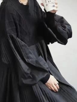 CHICEVER Patchwork Sweater Loose Long Dresses for Women Round Neck Hollow Out with Button Lantern Sleeve Casual Dress Female New
