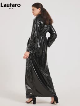 Lautaro Spring Autumn Black Shiny Reflective Soft Patent Leather Trench Coat for Women Luxury Designer Floor Length Clothes 2024