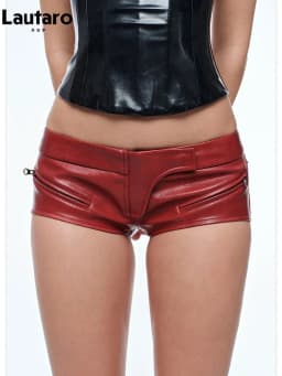 Lautaro Spring Summer Sexy Fitted Pu Leather Micro Mini Shorts Women Low Waist Punk Style Alt Gyaru Clothing Streetwear Buttoms