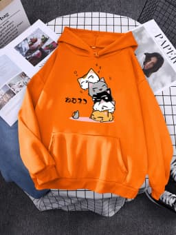 Cute Stacked Cats Sleeping Don'T See The Mouse Women Hoodies Fashion Loose Pullover Casual Fleece Hoody Trend Soft Female Sweat