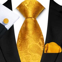 3Pcs Men's Yellow Color Stripes Plaid Solid Ties Pocket Square Cufflinks Wedding Prom Accessories 8cm Cravat Gift for Men
