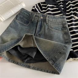 2024 Spring New Women High Belt Anti-exposure Short dress Retro Dark Fashion Solid color Short A Word Denim Skirt