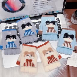 Korean Cute Kids Cartoon Cat Bow Flip Plush Mittens 6-12 Years Old Children Winter Warm Convertible Half Finger Writing Gloves