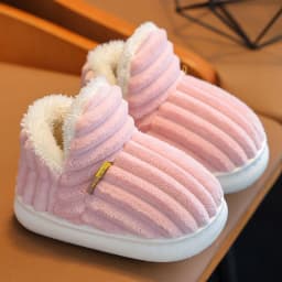 Winter Concise Stripe Children's Fluffy Slippers For Kids Boys Girls Non-slip Soft Sole Heel Wrap Warm High Home Cotton Shoes