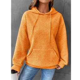 Women's Thick Waffle Knit Crew Neck Sweatshirt with Pocket – Solid Color Hip Length Winter Hoodie for Women's Winter Clothing