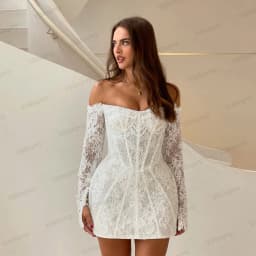 Short Lace Wedding Dresses for Bride Detachable Long Sleeve Straight Pearls Civil City Hall After Party Bridal Gowns Customized