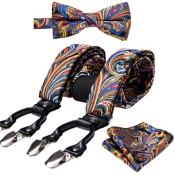 Burgundy Black White  Mens Suspender Adjustable 6 Clips Jacquard Braces Bowtie Hanky Cufflinks Set Silver Gold