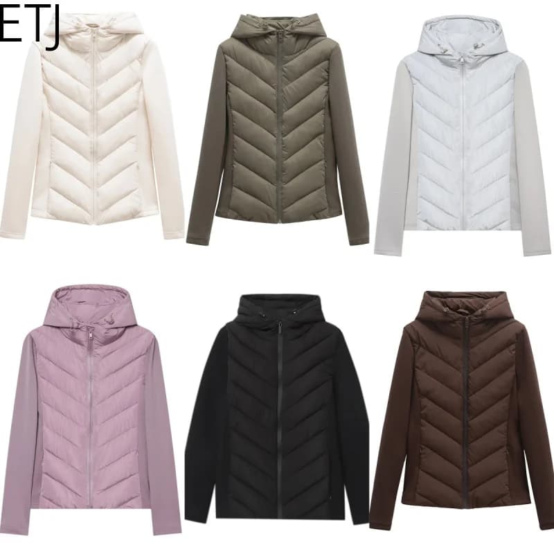 ETJ 2026 New Women's Elegant Fashion Patchwork Long Sleeve Standing Collar Hooded Cotton Jacket Sport Coat 8073227