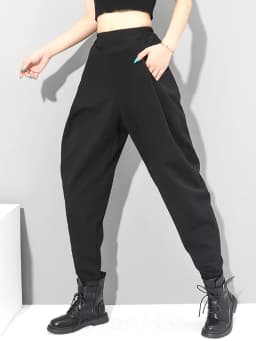 [EAM] High Elastic Waist Black Brief Long Harem Trousers New Loose Fit Pants Women Fashion Tide Spring Autumn 2026 1DC419