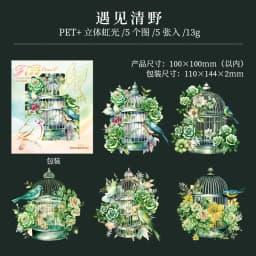 5 pcs Laser Bronzing birdcage PET Stickers aesthetic Decorative Scrapbooking Junk Journal Scrapbooking material