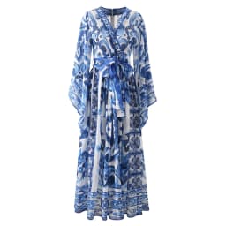 Wein Lady Women's Chiffon Silk Printed Large Swing V-neck Flying Sleeves Yellow Porcelain Dress Cross-border Women's Long Skirt