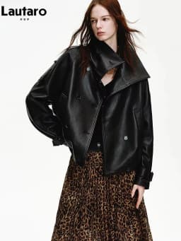 Lautaro Spring Autumn Cool Handsome Oversized Black Pu Leather Jackets for Women Double Breasted Luxury Designer Clothes Fashion