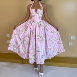 Sweet Printed Tie Neck Maxi Dress V Neck Slim Waist Cinched Flowy Maxi Dress 2026 Summer European Women Beach Vacation Dress