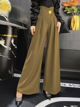 Elegant Office Lady Wide Leg Pants Korean Design Flower Button High Waist Pantalones Baggy Spring Summer Straight Spodnie New