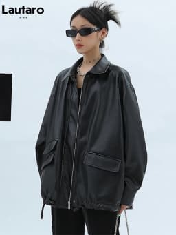Lautaro Spring Autumn Oversized Casual Waterproof Black Soft Pu Leather Jacket Women with Drop Shoulder Long Sleeve Fashion 2022