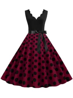 Polka Dot Print Women Summer Dress Black Patchwork Sleeveless V Neck Elegant Vintage Party Casual Midi Dress