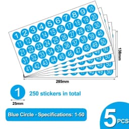 5pcs/Bag Number 1-50 Color Circular Adhesive Sticker -1 Inch Waterproof Code Number Label Clothing Size Label