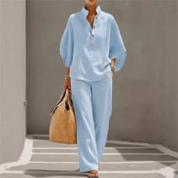 Fashion Cotton Linen Button Stand Collar 9 Quarter Sleeves Loose Women's 2-piece Suit Spring Casual Wide Leg Pants Suit Female