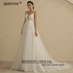 BEPEITHY Customized V Neck Spaghetti Straps A Line Lace Wedding Dresses For Women 2026 Shinny Sleeveless Boho Bridal Party Gown