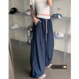 Chic Matching Loose Women's Wide Leg Pants Elastic Waist Drawstring Patchwork Straight Leg Pant Casual Streetwear New Sportswear