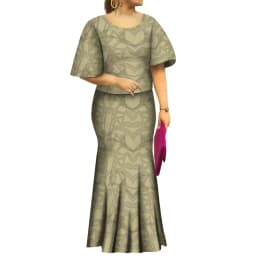 2022 New Samoan Puletasi Set Monstera Leaf Print Bat Sleeve Ptaha Blue Polynesian Top Maxi Fishtail Skirt Womens 2 Piece Set