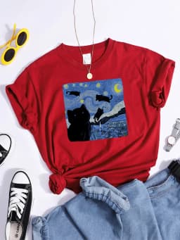 Vincent Van Gogh Starry Night Cute Cat In Painting Print Women's t-Shirt Hip Hop Soft Tops Loose Tshirt Summer Women's Tshirts