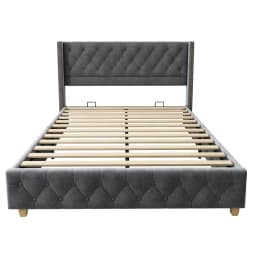 180x200cm Linen Upholstered Bed with Lattice Headboard Button Rivet Design Solid Wood Legs Without Mattress109