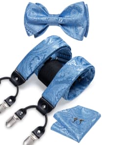 Adjustable Slive Paisley Suspender Self-tie Bowtie Pocket Square Cufflinks Set Luxury 6 Clips Mental Elastic Classic straps