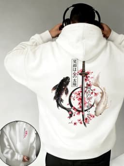 Black & White Koi Cherry Blossom Sabre Print Men Basics Hoodie Fleece Soft All-Match Tops Casual Colour Pullover Comfy Clothes