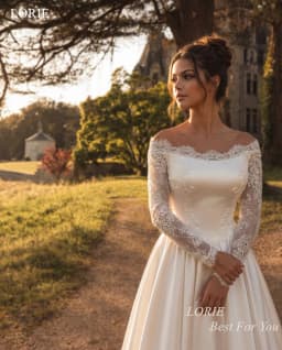LORIE Exquisite Satin Wedding Dresses Off The Shoulder Lace Full Sleeves Bridal Dress A-Line Train Bride Prom Gowns Customized