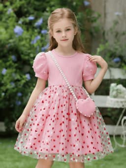 Gift bag! Round neck bubble sleeve pearl gauze dress Love gauze Valentine's Day and wedding partyFor children aged 4-7
