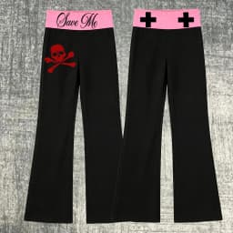 Y2K Women Low Rise Flare Pants Red Fold Waist Gothic Bell Bottom Sweatpants Emo Alt Dark Casual Streetwear Long Trousers