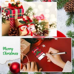 100Pcs Christmas Tags Labels, 8 Design Self Adhesive Gift Stickers Name Tags with Santa Snowmen Xmas Tree Snowman Holiday Decor