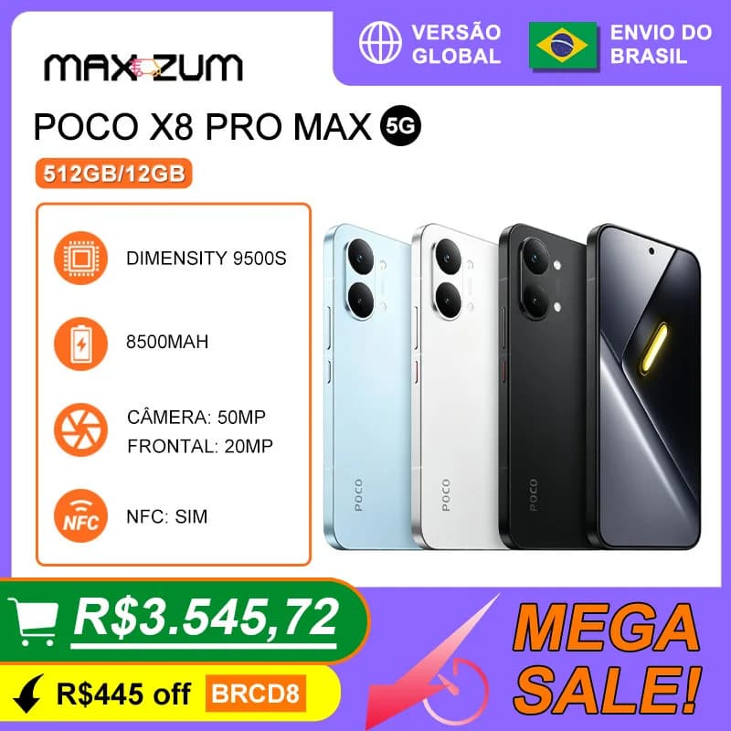 Xiaomi Poco X8 Pro Max 5G, 512/12GB, Mobile Phones Processador MediaTek Dimensity 9500s,Versão Global , ﻿Bateria 8500 mAh