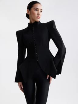 Women Coat Jacket Stand Collar Shoulder Pad Hook Front Jackets Cinched Waist Asymmetrical Hem Blazer Elegant Fashion Outerwear