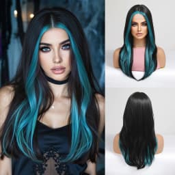 Easihair Black with Red Pink Highlight Long Straight Wig With Bangs Heat Resistant Synthetic Hair Gothic Halloween Cosplay Wigs