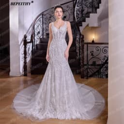 BEPEITHY Bride Customized Mermaid Lace Boho Wedding Dresses Women Long Glitter Detachable Train Bridal Gown Vestidos De Novias