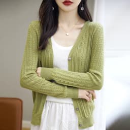 100% Cotton Spring/Summer Hollow v Neck Long Sleeved Sun Proof Air-Conditioned Shirt, Comfortable Fashionable Cardigan