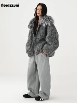 Nerazzur Autumn Winter Warm Thick Grey Oversized Quilted Blends Coat for Women with Faux Fur Trim Hood Loose Casual Woolen Coat