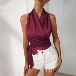 Women's Satin Sleeveless Halter Neck Tie Front Wrap Side Solid Color Slim Fit Blouse Tank Top for Women Clothing Female Fashion