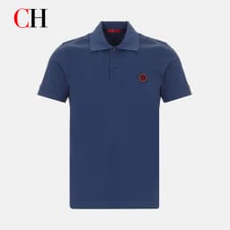 CH Red Accent Circular Rubber Patch Left Chest Premium Pique Short Sleeve Polo Shirt Men Sleek Minimalist Modern Casual Tops