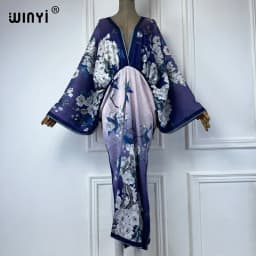 WINYI Bohemian Summer Beach Dress High Quality Double Sided Boho Printing Elegant Silk Maxi Dress Women Evening Party Kaftan