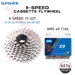 Shimano K7 9Speed Freewheel and Chain Groupset H200 Sunshine 23/25/28/30/32/36/40/42/46/50T Cassette HG53/KMC X9 Chain 9V Kit