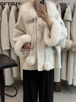 OFTBUY Women's Short Wool Coat Real Fox Fur Collar Cuffs Pom Pom Drawstring Woolen Clothing New Winter Warm Elegant Outerwear
