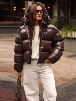 Women's Glossy Shiny Hooded Zip Cropped Puffer Jacket Oversized Loose Fit Long Sleeve Elastic Cuff Padded Warm Casual Winter Top